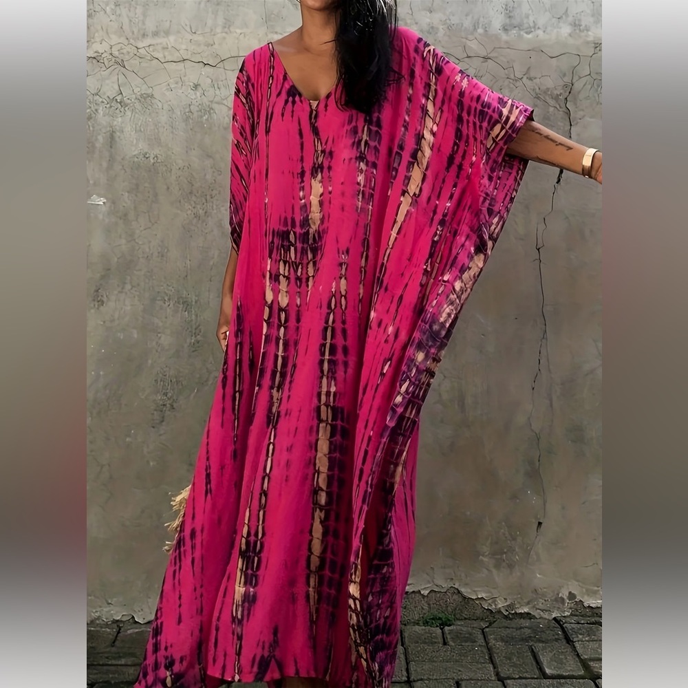 CELEBRATE FUCHSIA MIX BOHO S-4XL LOUNGE COVERUP ROBE GOWN RESORT DRESS KAFTAN